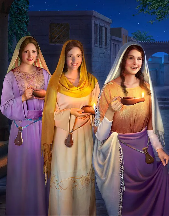 three women dressed in biblical clothing holding candles