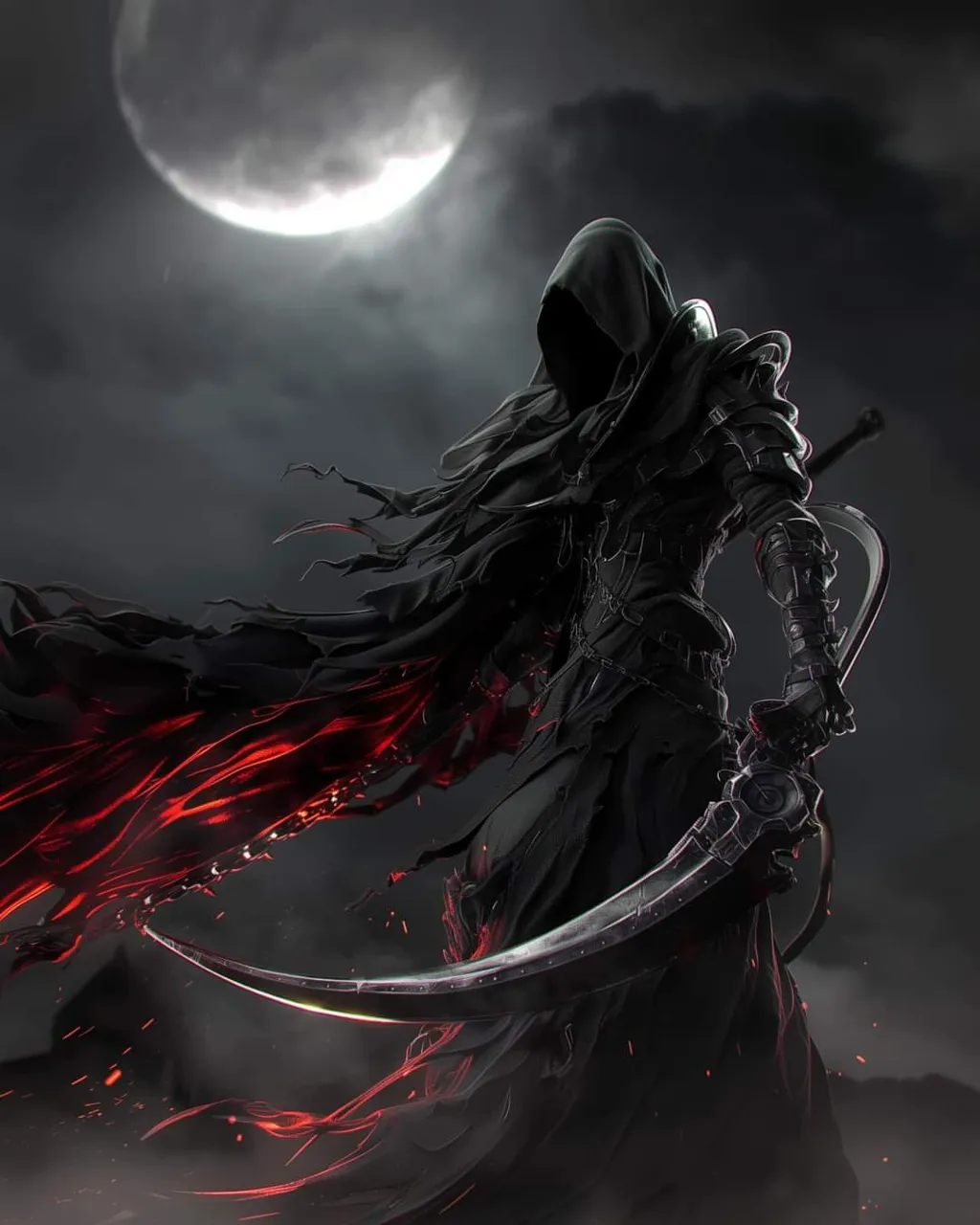 a person with a sword standing in front of a full moon