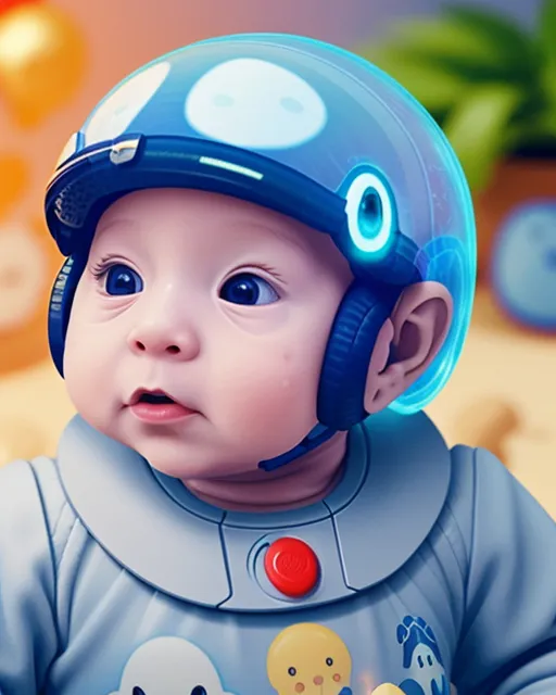 a small child wearing a blue helmet with buttons on it