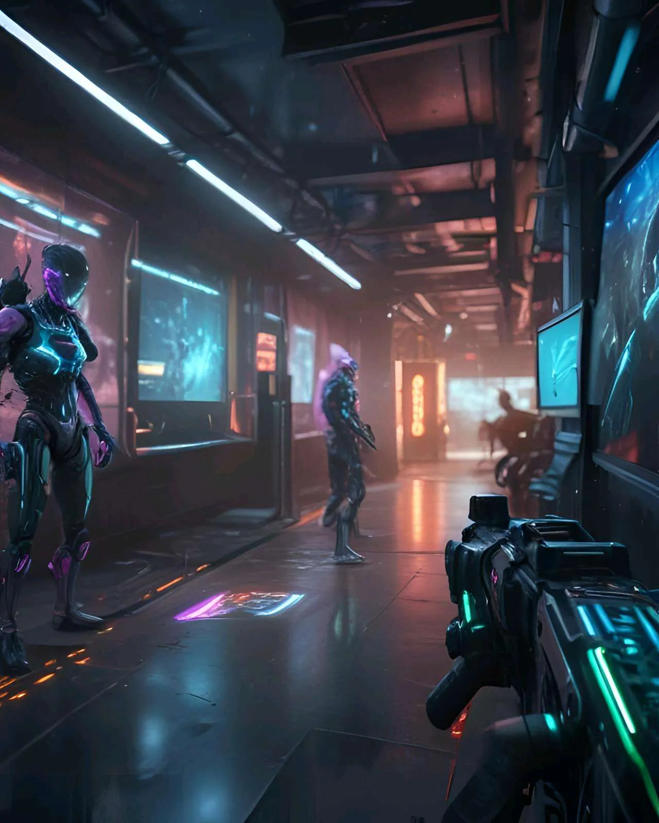 Holographic Gaming, Shooter, Cyberpunk Mechahumans shooting, dark room, glass screen H, 3D, ego shooter, , highly detailed Photo realistic colors effect ultra high definition ultra highly detailed 4k , advertising style