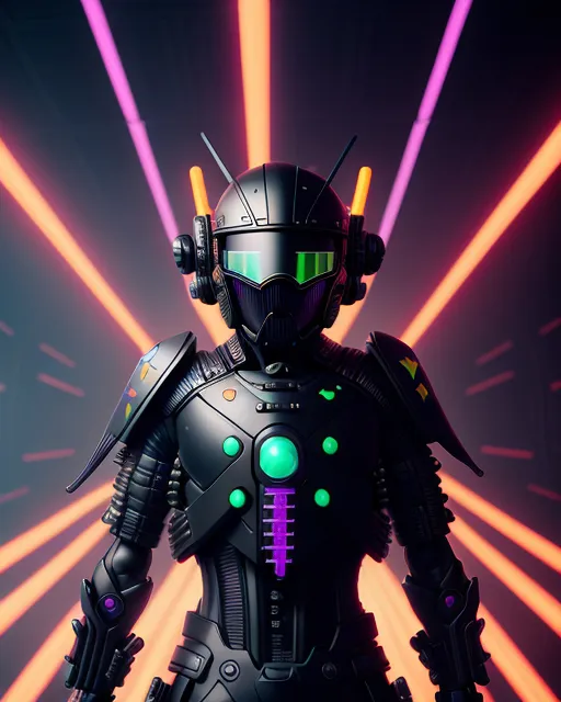 a man in a futuristic suit standing in front of bright lights