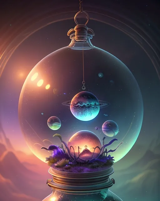 a painting of a jar filled with water and planets