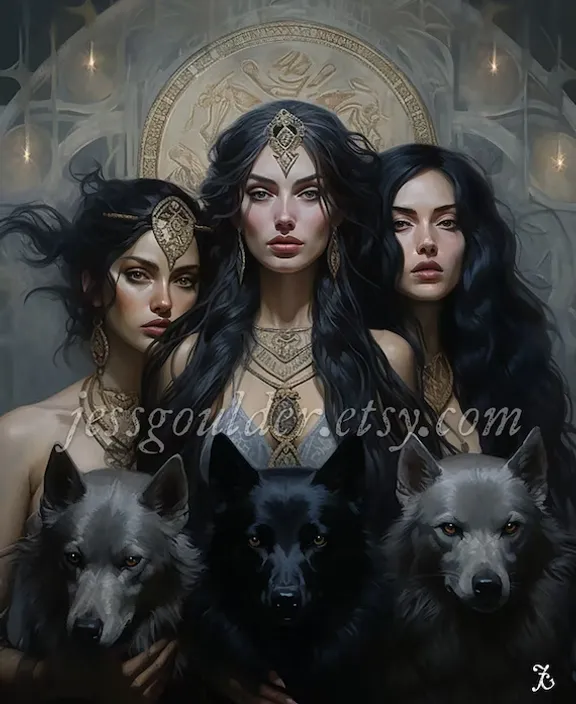 a painting of three women and two dogs