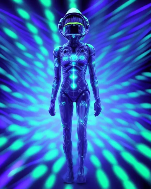 a blue robot standing in front of a purple background