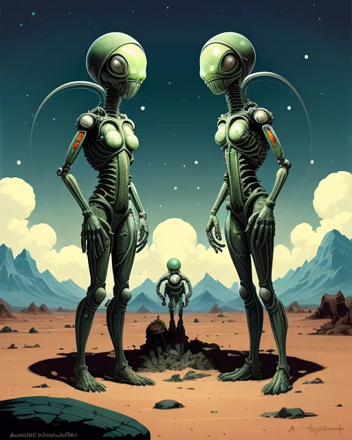 a couple of alien standing on top of a desert