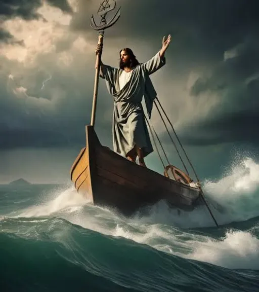 a painting of jesus on a boat in the ocean