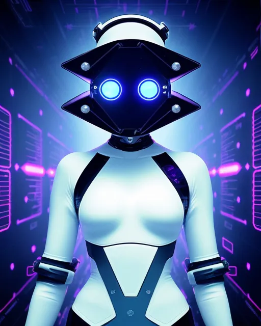 a woman in a futuristic suit with blue eyes