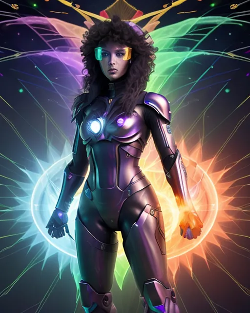 a woman in a futuristic suit standing in front of fireworks