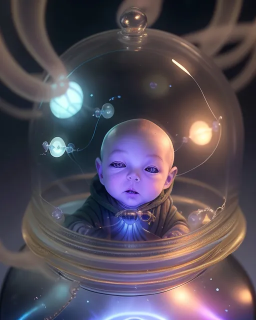 a baby sitting in a glass jar with a light on it