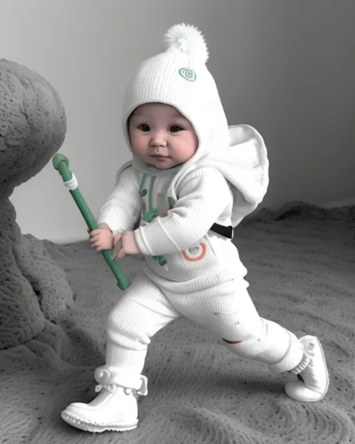 a baby in a white outfit holding a baseball bat