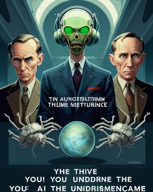 a poster with two men in suits and headphones