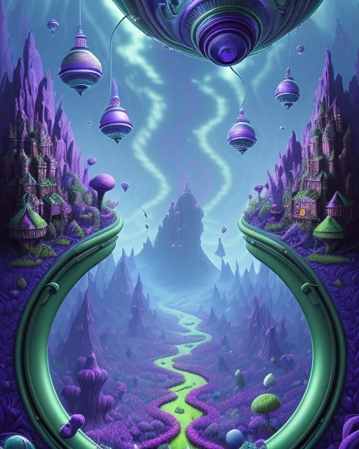 a painting of a futuristic landscape with purple and blue hues