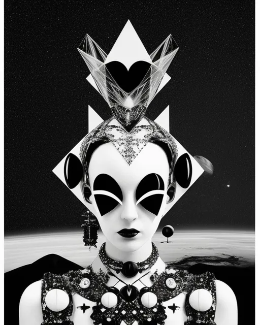 a woman in a black and white photo with an alien head