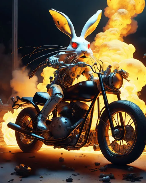 a rabbit on a motorcycle with flames in the background