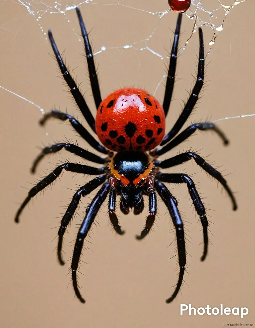 a red and black spider sitting on top of a web