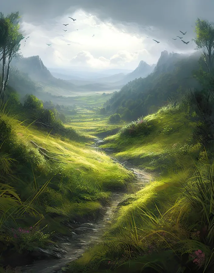 a painting of a lush green valley with a stream