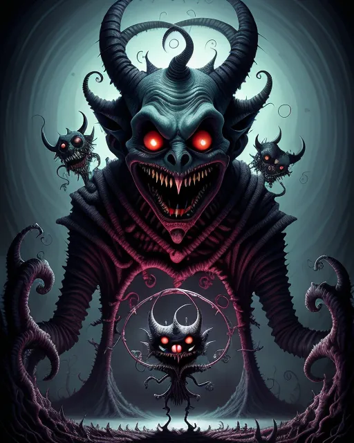 a demonic creature with red eyes and horns