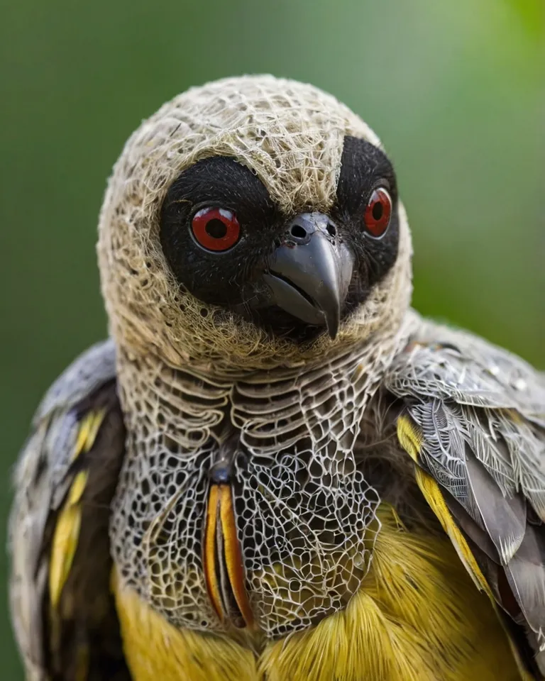 a close up of a bird with red eyes