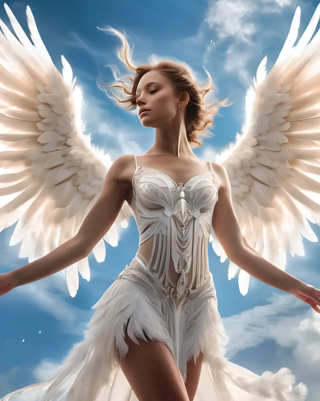 a woman in a white dress with angel wings. Walking forward. Correct body shapes, arms and legs. High image quality, color correction, smooth picture. 4K. 8K. Full HD. Ultra HD. 