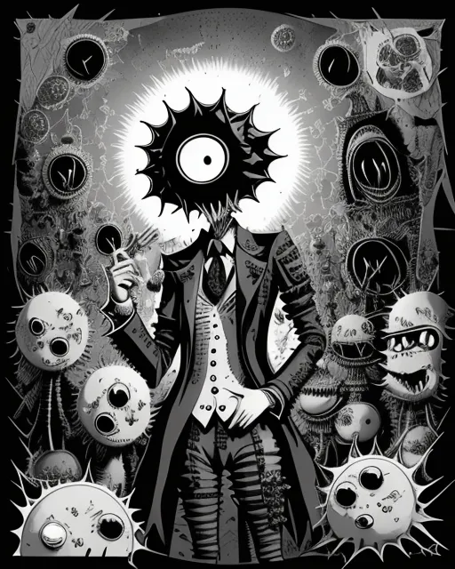 a black and white drawing of a man surrounded by monsters