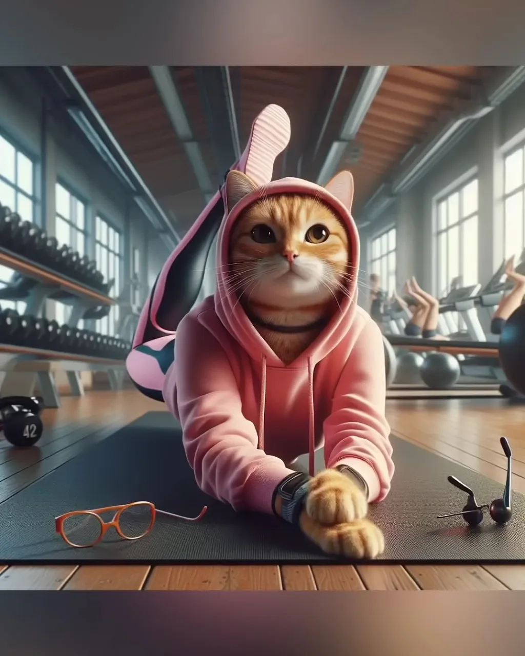 a cat in a pink hoodie sitting on a gym floor