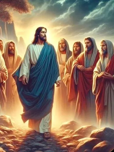 a painting of jesus standing in front of a group of people