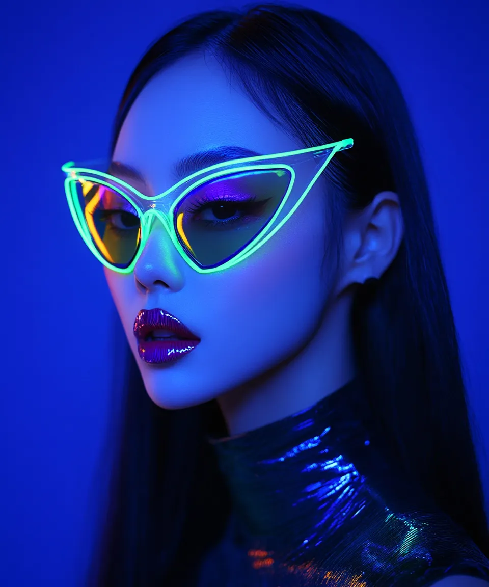 a woman wearing neon glasses and a dress