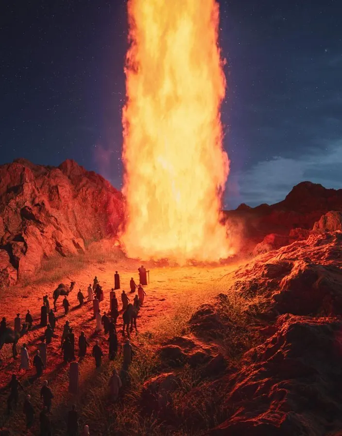 a group of people standing in front of a large fire