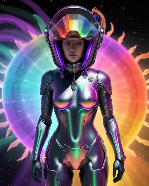 a woman in a futuristic suit standing in front of a sun