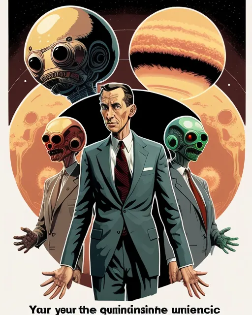 a man in a suit standing next to two alien heads