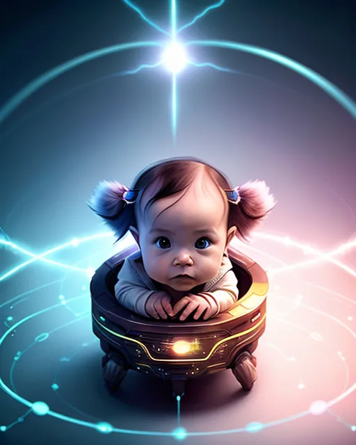 a digital painting of a baby sitting on a table