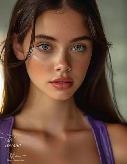 a beautiful young woman with blue eyes wearing a purple top