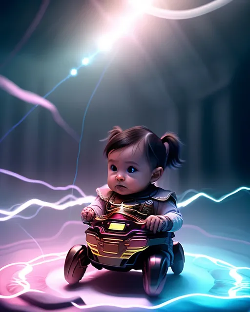 a baby sitting on a toy car in a dark room