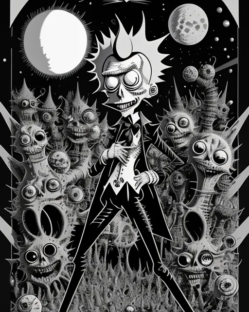 a black and white drawing of a cartoon character surrounded by monsters