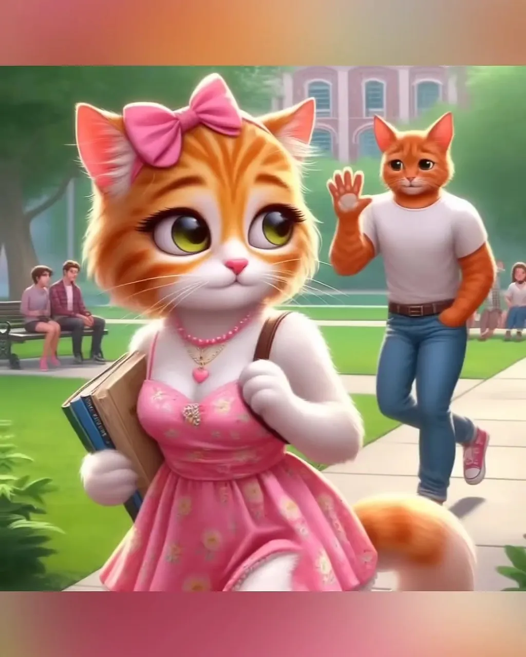 a painting of a cat in a pink dress and a man in a white shirt