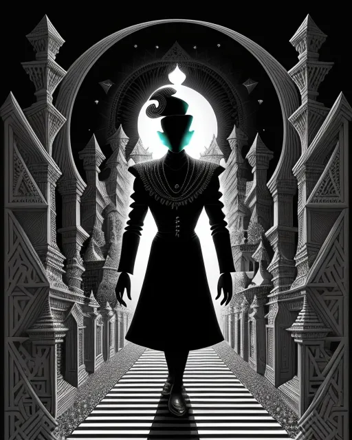 a woman in a black dress walking down a hallway