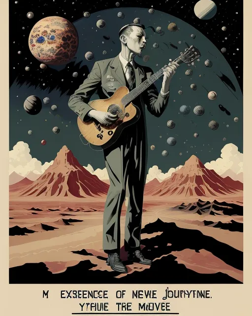 a man playing a guitar in front of planets