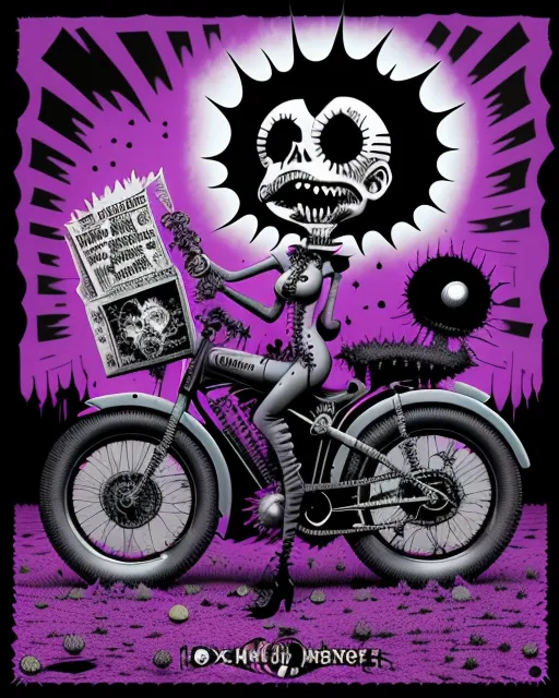 a skeleton on a motorcycle holding a newspaper