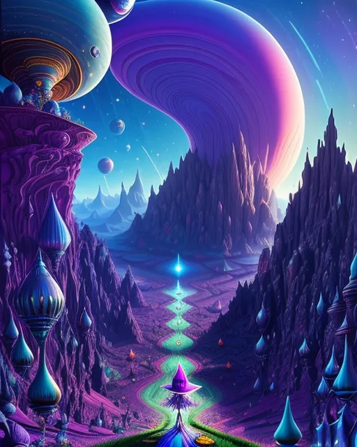 a painting of a fantasy landscape with mountains and planets