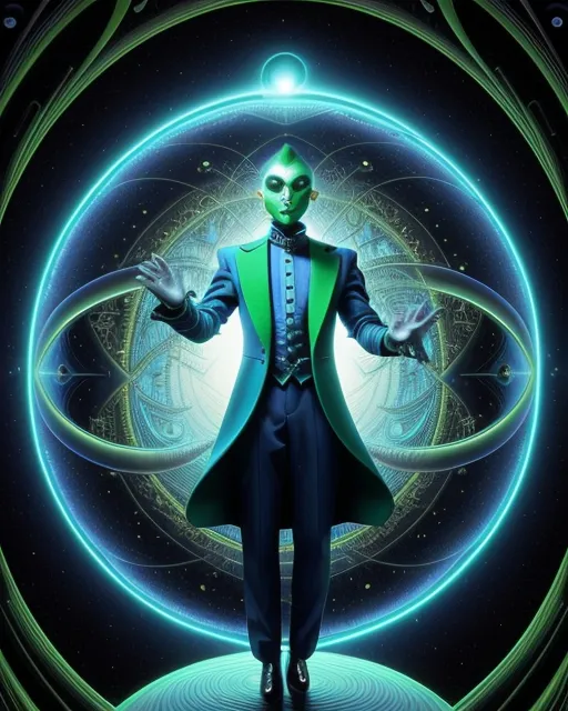 a man in a green suit standing in front of a blue circle