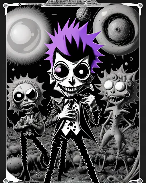 a black and white drawing of a skeleton with purple hair