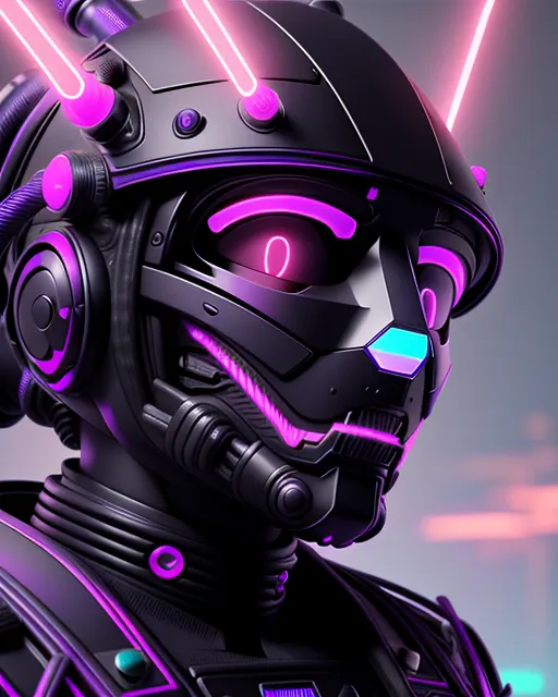 a robot with headphones and a neon light