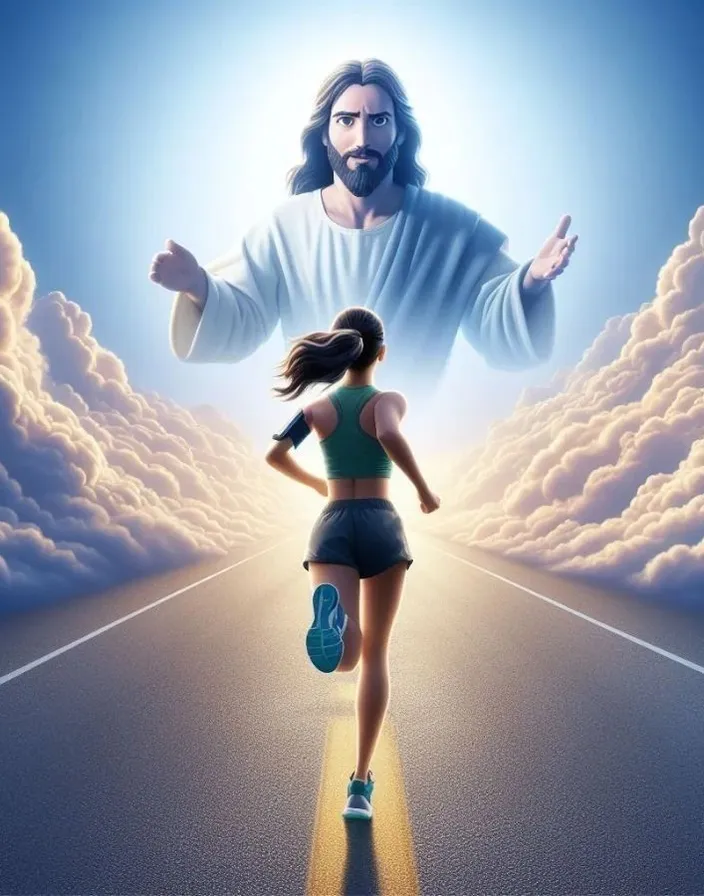 a woman running down a road with jesus in the background