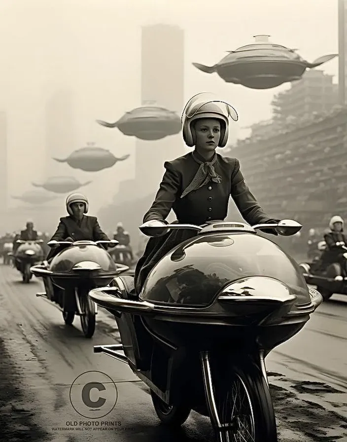 a group of people riding motorcycles down a street Futuristic 