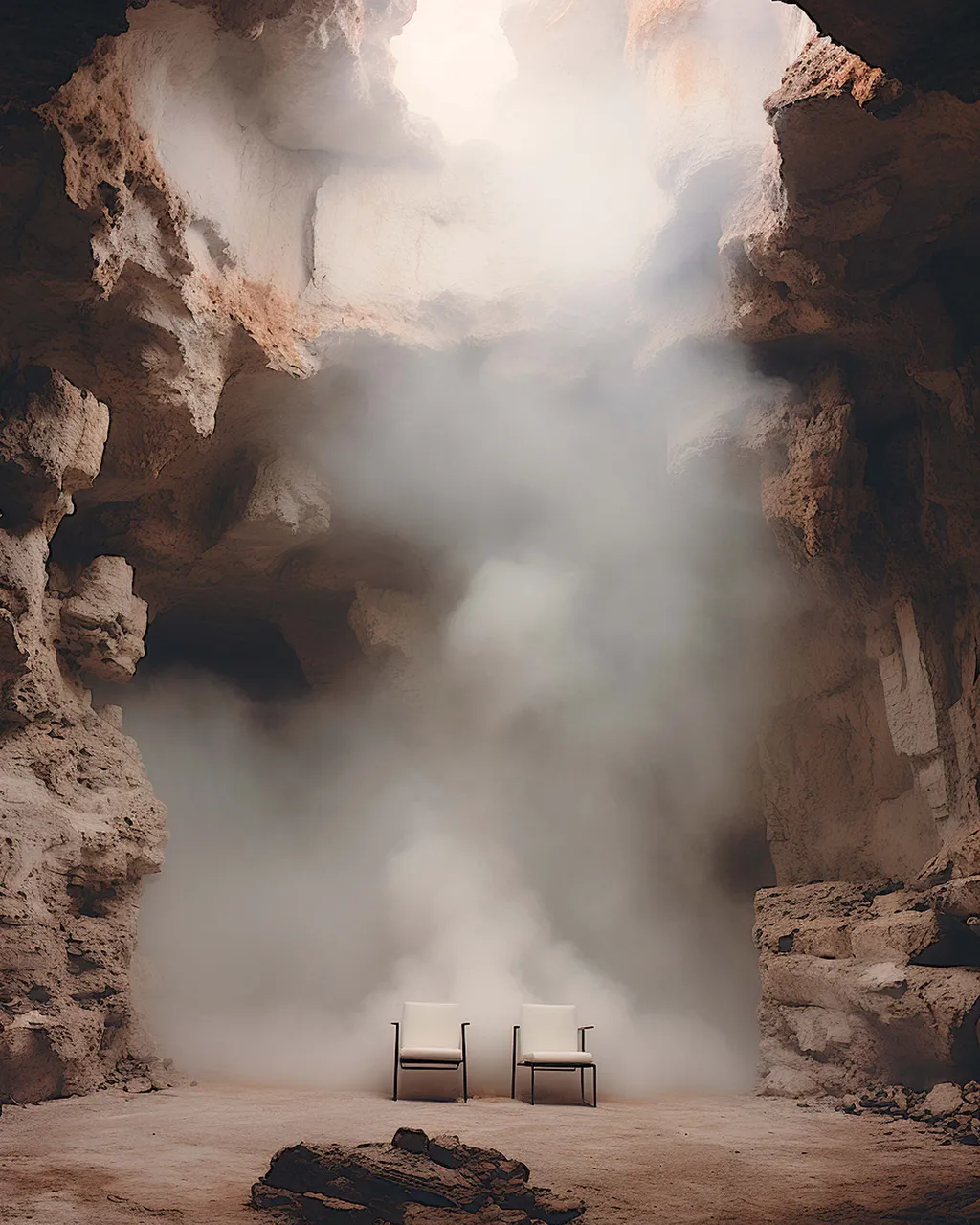 a couple of chairs sitting in the middle of a cave smoke