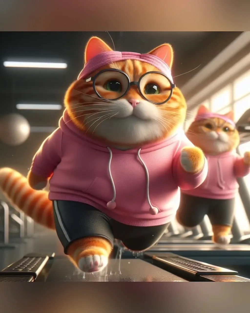 a cat in a pink shirt running on a treadmill