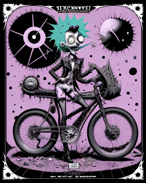 a cartoon character riding a bike with a skull on it