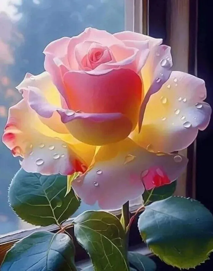 a pink and yellow rose sitting on top of a window sill