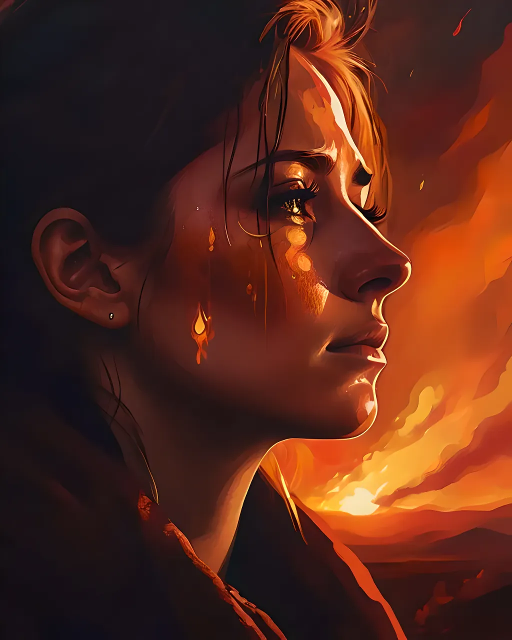 a painting of a woman with a sunset in the background, the effect of light from a Bonfire with flying sparks, everything is in high quality, portrait shooting on a professional film camera, the girl has sparkles on her cheeks.