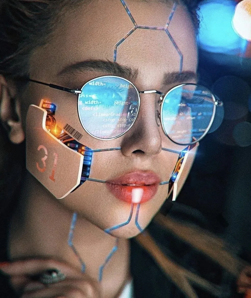 a woman wearing glasses with a futuristic design on her face